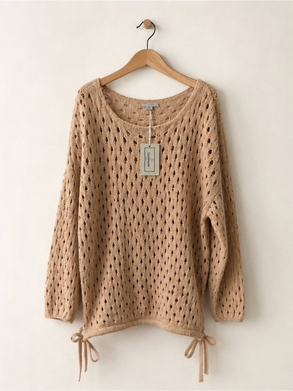 Cashmeren Beige Open Knit Side Tie Lightweight Sweater Cover Up Size Medium